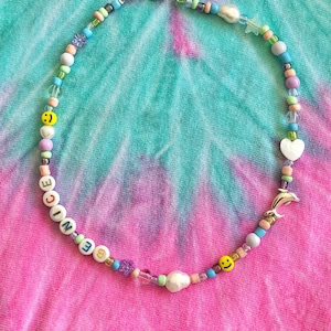 Verano "BE NICE" Smiley Dolphin Pearl Beaded Necklace / Charm Necklace / Letter Beaded Necklace / Happy Jewelry / Colorful Necklace