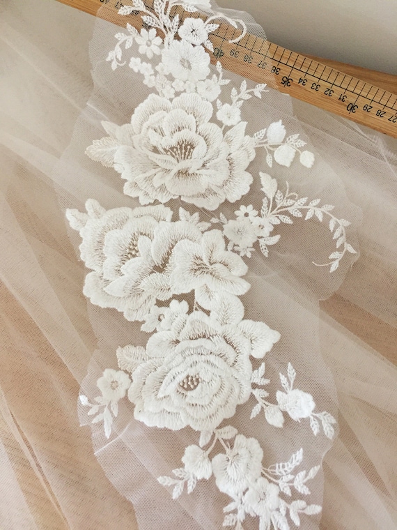 Cotton Rose Floral Embroidery Lace Applique Ivory Flower