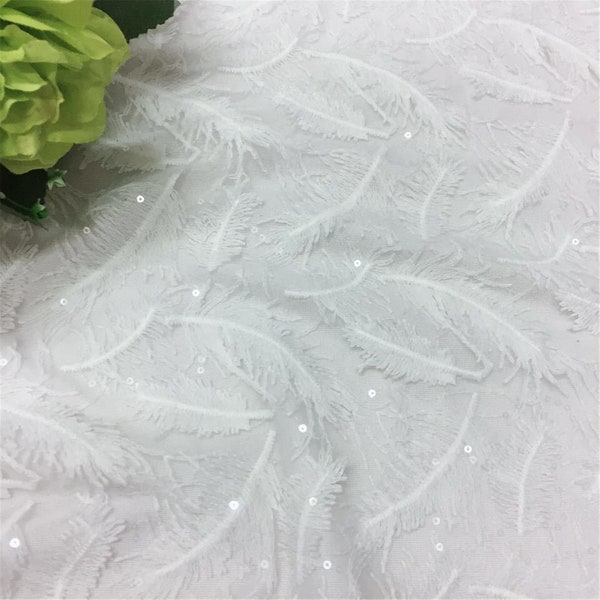 Off White Elegant Embroidery Feather Lace Fabric  for Wedding Dress, Prom Dress, Girl Dress, Bridal Gown, Party Dress, Curtain, By 1 Yard