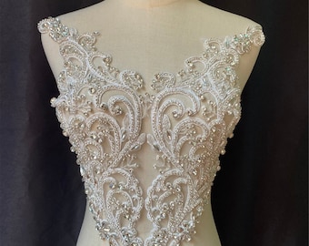 Silver Bodice Elegant Rhinestone Flower Lace Applique Silver Crystal Embroidery Lace Patch Bling Accent For Bridal Wedding Dress By 1 Piece