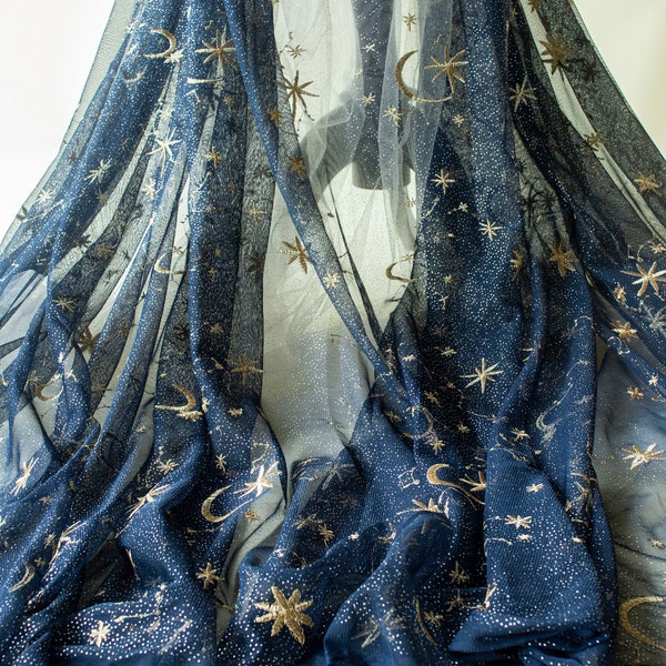 Tissu en dentelle brodé étoile de lune, maille de 5 couleurs, tulle de dentelle à pois pailletés dorés par mètre pour rideau de robe de soirée de 51 po. de largeur