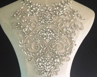 Silver Rhinestone Lace Applique Crystal Flower Embroidery Application Bodice Lace Patch Bling Accents For Wedding Dressed Sold By 1 Piece
