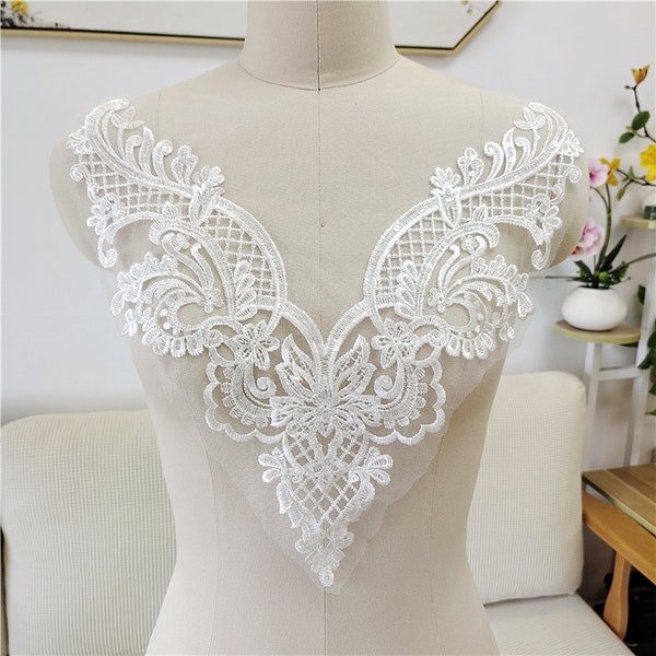 V Neck Large Lace Applique Off White Lace Motif Embroidery Flower Lace Appliqué, Lace Motif For DIY Bridal Wedding Dress