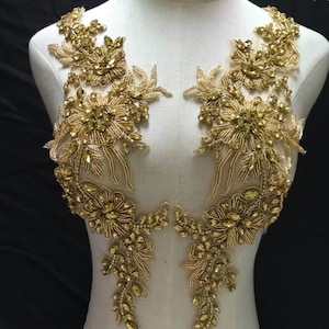 Exquisite Gold rhinestone applique, Golden Crystal Beaded Patches Sparkling Accents Bead Sewing Appliques for Bridal Gown Evening Dress