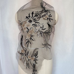 Große Pailletten Feder Spitze Applikation Blumenstickerei mit Strass Spitze Motiv für Abendkleid Kleid Tanzkostüm 1 Stk