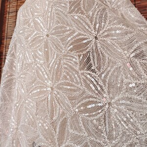 Heavy Large Beaded Floral Embroidery Lace Fabric With Sequined Off White Bridal Lace Wedding Dress Lace Fabric , Soft Embroidery French Lace