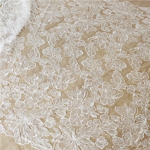 Lotus Leaf Embroidery Floral Vines Lace Fabric By the yard Off White Lace Overlay for Wedding Dress Bridal Veil Overlay DIY Craft