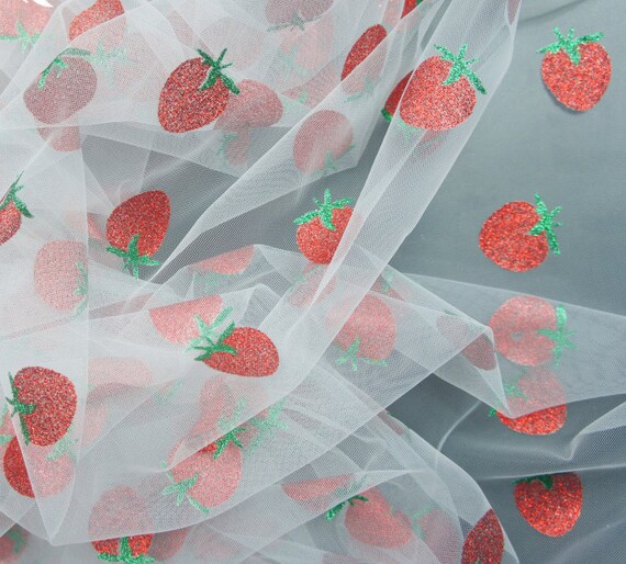 Strawberry Fabric, Strawberry Lace Fabric, Glitter Sequined Strawberry  Tulle Fabric 