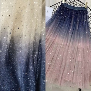 Sparkle Star Sequin Glitter Mesh Tulle lace Fabric, Gradient Stars Moons Tulle Fabric For Girl skirt Summer Dress, Tutu Dress Sold By 1 Yard