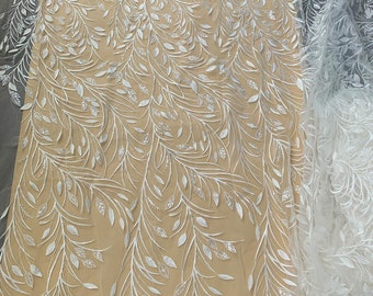Clear Sequins Leaf Embroidery Lace Fabric With Sequined Off White Bridal Lace Wedding Dress Lace Fabric , Soft Embroidery French Lace