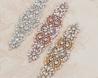 Rhinestone Pearl Applique Silver Wedding Belt Bling Bridal Belt Applique Crystal Patch Bridesmaid Sash Iron on Bridal Wedding Dress 1 Pice