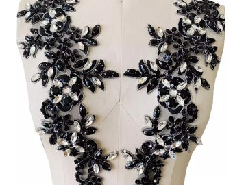 Mirror Pair Rhinestone Flower Bling Addition Crystal Trims Beaded Floral Rhinestone Applique for Dress Embellishment, Bridal Bodice Applique