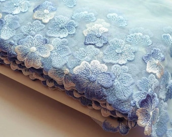 Blue Elegant Flower Embroidery Lace Trim Soft Tulle Floral Embroidered Girl Dress Lace Doll Lace Lolita Lace 7.5" Wide Sold by The Yard