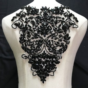 Black Rhinestone Lace Applique Crystal Flower Embroidery Application Bodice Lace Patch Bling Accents For Wedding Dressed Sold By 1 Piece