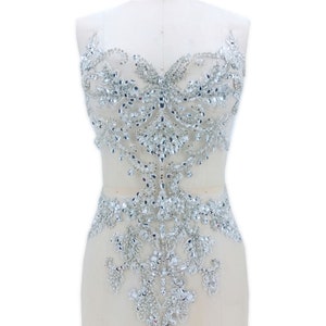 Sparkling Beaded Pearl Bodice Applique Silver Rhinestone Applique Bling Front Accessories for Wedding Dress, Bridal Bodice Applique