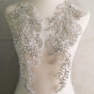 Exquisite Rhinestone Applique Sparkling Accents Crystal Lace Motif Silver Crystal Patches Sewing Appliques for Bridal Gown Evening Dress