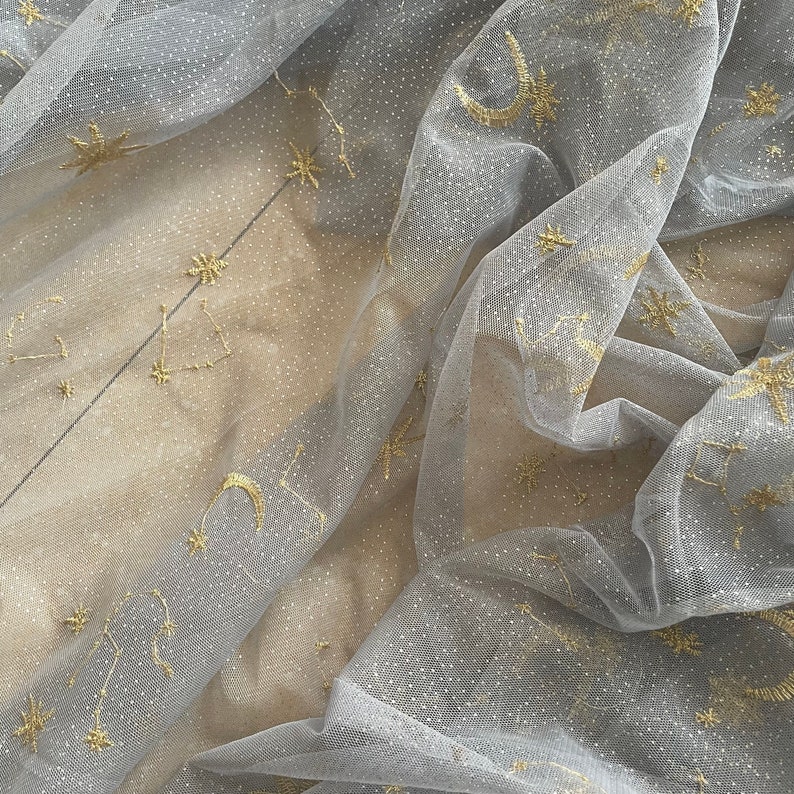 Moon Star Embroidered Lace Fabric 5 Color Mesh Golden Glitter Dot Lace Tulle By the Yard for Party Dress Gown Curtain 51 width Gray