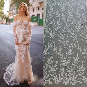 Off White Beaded Heavy Lace Fabric Mesh Materialen mit funkelnden Pailletten Borten DIY Hochzeit Braut Abendkleid Verkauft Massenware