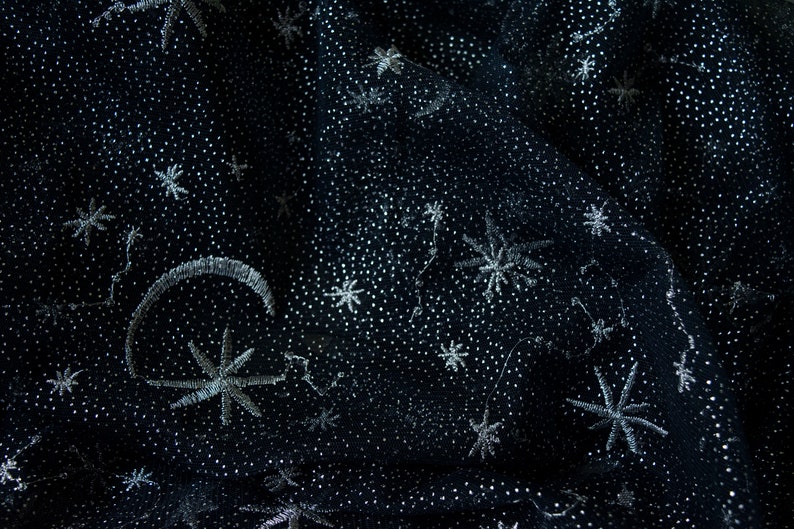 Moon Star Embroidered Lace Fabric 5 Color Mesh Golden Glitter Dot Lace Tulle By the Yard for Party Dress Gown Curtain 51 width Blue