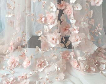 3D Floral Embroidery Lace Fabric, Delicate White Embroidery Floral Vines Lace Wedding Dress Lace Fabric, Soft Embroidery French Lace 1 Yard