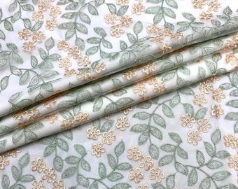 Green Leaf Embroidery Wedding Gown Lace Fabric Vine Flower Bridal Dress Costume DIY Tulle for Craft Project Dress Train Sold By 1 Yard