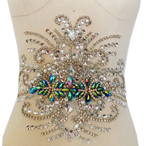 Silver Stones Sequines Beaded Rhinestone Applique Dress Belt Sequined Lace Patch Applique for Wedding Dress, Bridal Applique Sold by 1 piece