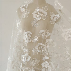 Flower Embroidery Lace Fabric, By the Yard Off White Bridal Lace Wedding Dress Lace Fabric With Sequins French Lace flower lace