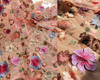3D Flower Embroidery Colourful Flower Tulle Lace Fabric Soft Lace Mesh Lace Fabric For Party Dress, Tutu, Princess dress, Doll Dress