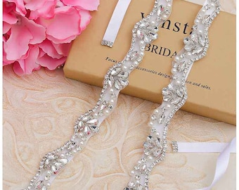 Crystal Patch Bridesmaid Sash Bling Bridal Belt Applique Rhinestone Pearl Applique Silver Wedding Belt Iron on Bridal Wedding Dress 1 Pice