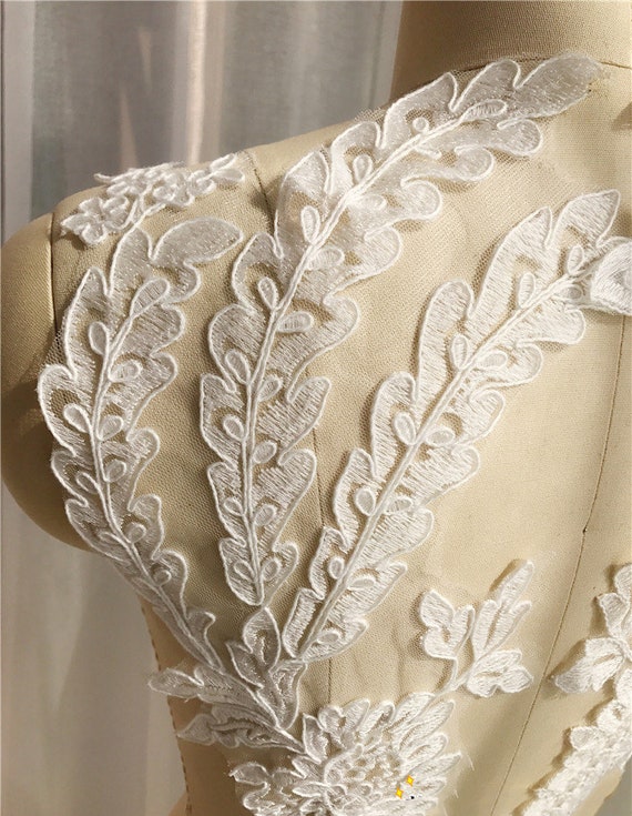 Off-White Bridal Dress Floral Patches Cotton Corded Sewing Lace Applique  Wedding Lace Motif Embroidery Appliques 2 Pieces