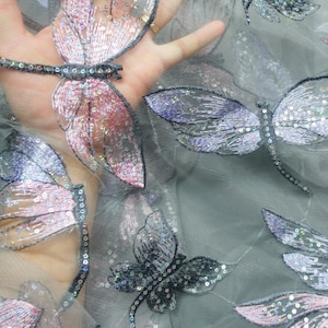 Sequin Lace Fabric Dragonfly Embroidery Lace Mesh Lace Fabric Unique design Gauze For Craft Projects Dress Train 51 inches Width by 1 yard