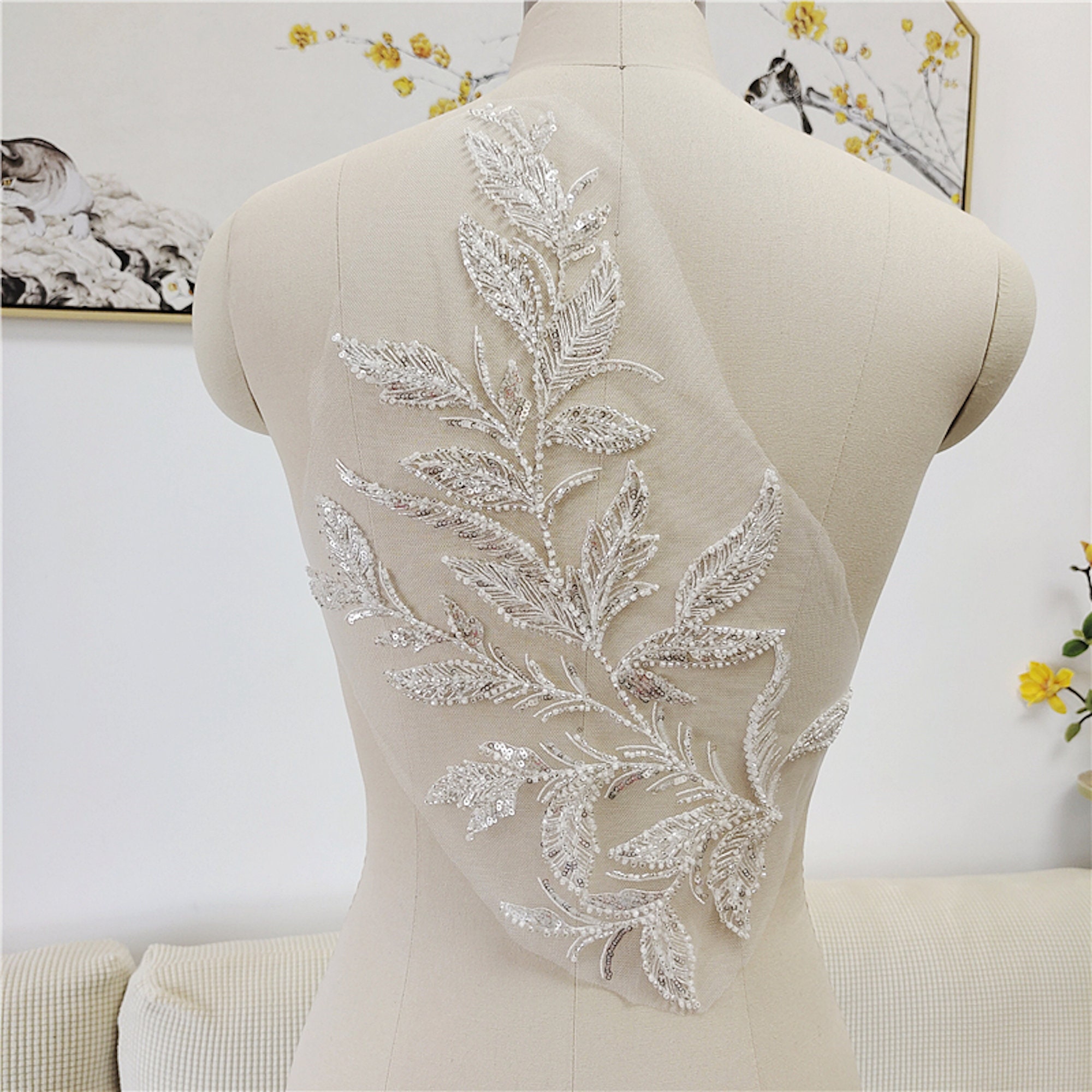 Bridal corded Beaded Lace Applique Embroidery Lace Trim Patches Wedding Motif