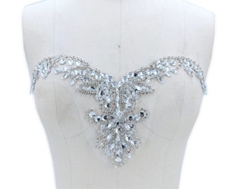 V-Neck Bling Addition Beaded Neckline Trims Beaded Sequined Bodice Applique for Wedding Dress, Bridal Bodice Applique