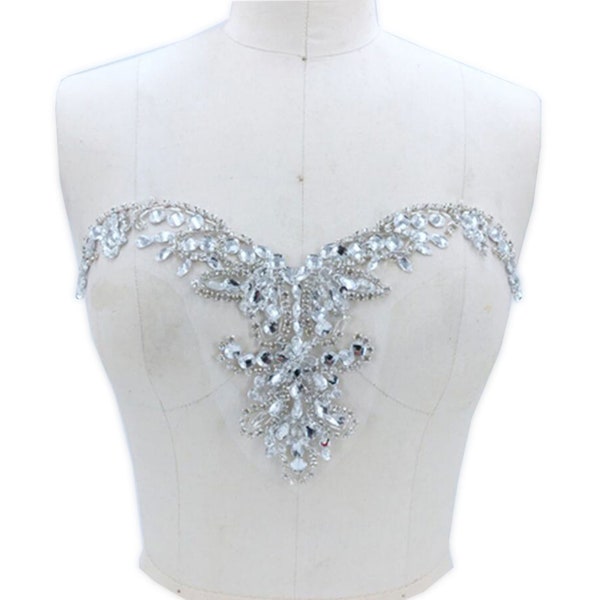 V-Neck Bling Addition Beaded Neckline Trims Beaded Sequined Bodice Applique for Wedding Dress, Bridal Bodice Applique