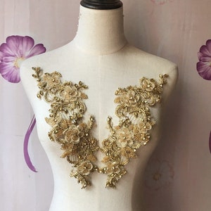 Gold 3D Flower Patch Crystal Applique Beads Bodice Appliques Rhinestone Application Flower Lace Patch for Wedding Dresses Bridal Dress