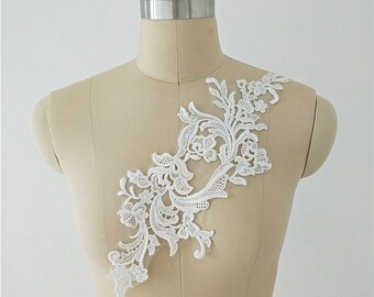 Cotton Flower Embroidered Ivory Lace Applique Bridal Veil Lace Motif  for Bridal Wedding Dress Houte Couture