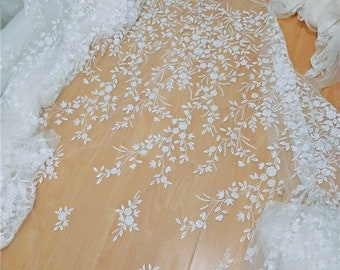 Ivory Leaves Vine Floral Embroidery Lace Fabric By The Yard With Sequin Embroider Tulle Lace DIY Wedding Bridal Full Dncing Dress Costumes