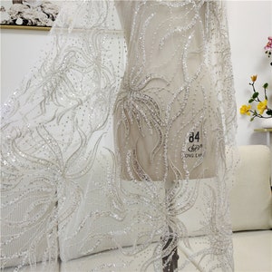 Beaded Embroidery Flower Lace Fabric With Sequined Off White Bridal Lace Wedding Dress Lace Fabric , Soft Embroidery French Lace
