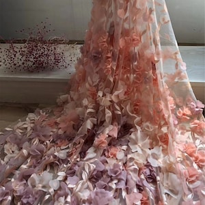 3D Chiffon Flower Embroidery Lace Fabric Peach Color Tulle Lace Mesh By the Yard DIY Evening Dress Costume Handcrafts 59&quot; Width