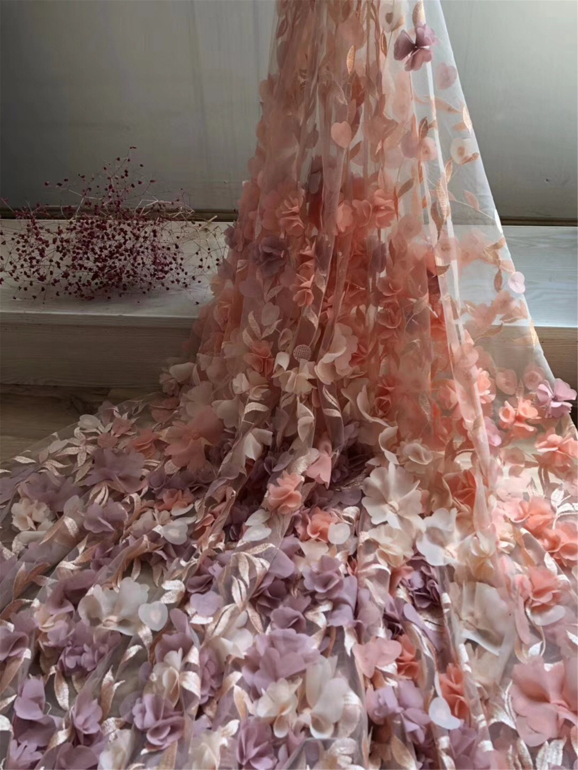 3D Chiffon Flower Embroidery Lace Fabric Peach Color Tulle Lace Mesh By the Yard DIY Evening Dress Costume Handcrafts 59" Width