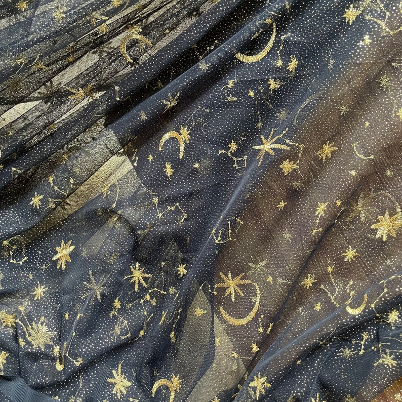 Moon Star Embroidered Lace Fabric 5 Color Mesh Golden Glitter Dot Lace Tulle By the Yard for Party Dress Gown Curtain 51 width image 8