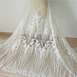 Off White Flower Embroidery Vintage Lace Fabric Materials Alencon Tulle lace Fabric For Bridal Wedding Dress Gown Veil Embellishment Craft
