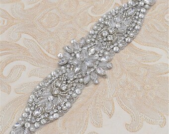 Silver Wedding Belt Bling Bridal Belt Rhinestone Applique Crystal Patch Bridesmaid Sash Iron on Bridal Wedding Dress 1 Pice