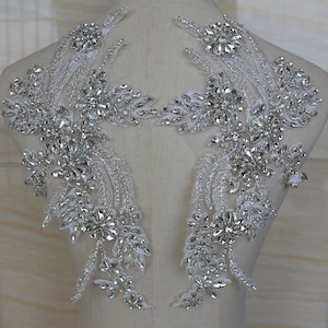 Silver Crystal Beaded Patches Exquisite Silver rhinestone applique Sparkling Accents Bead Sewing Appliques for Bridal Gown Evening Dress