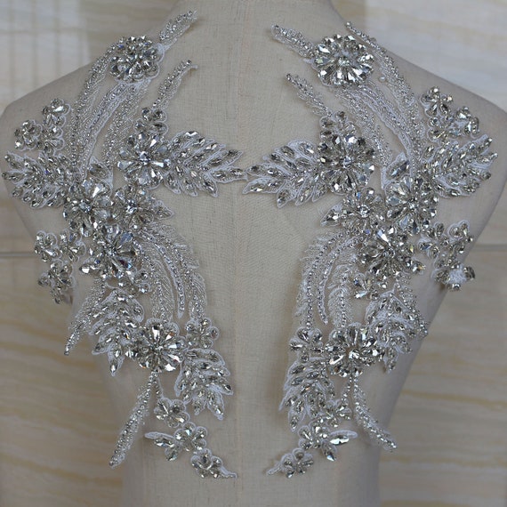 Handgefertigte Strass-Applikation Zum Aufnähen – 14x36 Cm, Silber, Für Hochzeitskleider & Kostüme, 2 Stück