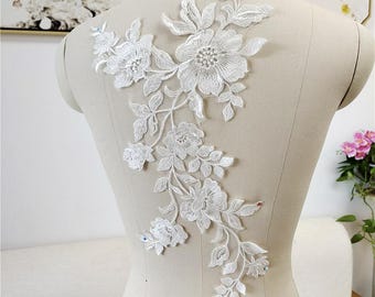 Vintage Off White Lace Motif Floral Lace Applique With Sequins Embroidery Lace Motif Sewing on Costume Wedding Bridal Dress DIY Trim