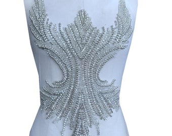 Silver Bodice Rhinestone Lace Applique Vintage Bling Accents Party Costumes Applique Beaded For Evening Dress, Wedding Dress 1 Piece