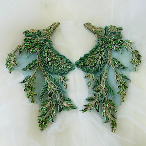 Mirror Pari Sparkling Accents Crystal Lace Motif Green Leaves Crystal Patches Rhinestone Applique Sewing Appliques for Costumes Dress