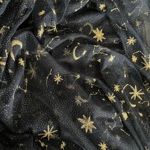 Tissu en dentelle brodé étoile de lune, maille de 5 couleurs, tulle de dentelle à pois pailletés dorés par mètre pour rideau de robe de soirée de 51 po. de largeur Black