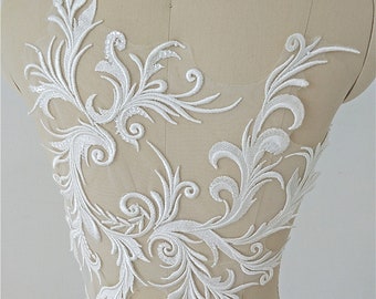 Ivory Bridal Lace Applique, Clear Sequin Lace Motif, Bridal Gown Applique, Leaf Embroidery Lace Applique, Sold by Piece